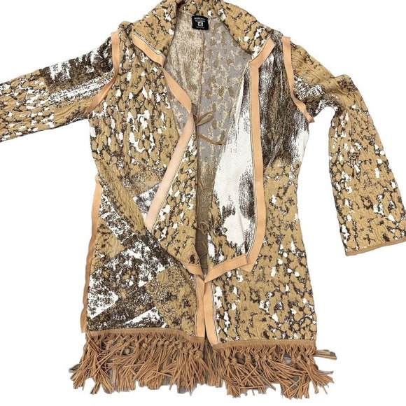 Animal Print Fringe Cardigan Sweater Sz M Faux Suede Piping Italian Boho Western - Picture 2 of 14